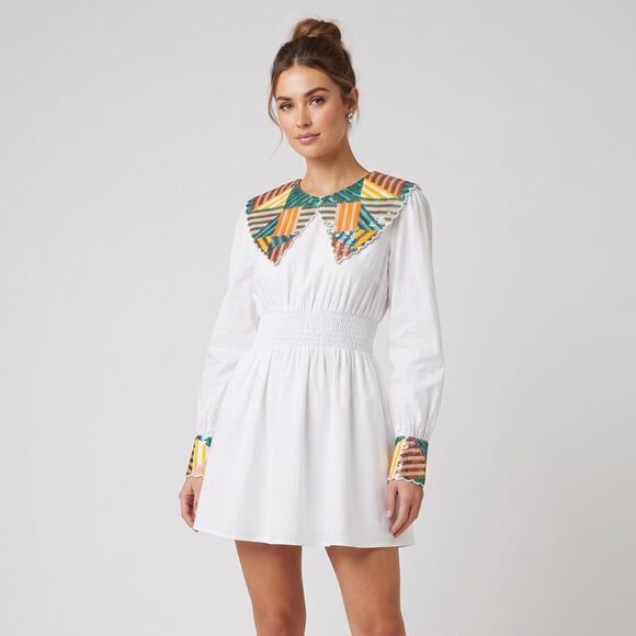 QUEEN OF SPARKLES Dresses & Skirts - Queen of Sparkles Mini Dress Womens S White Sequin Wide Collar Smocked Waist
